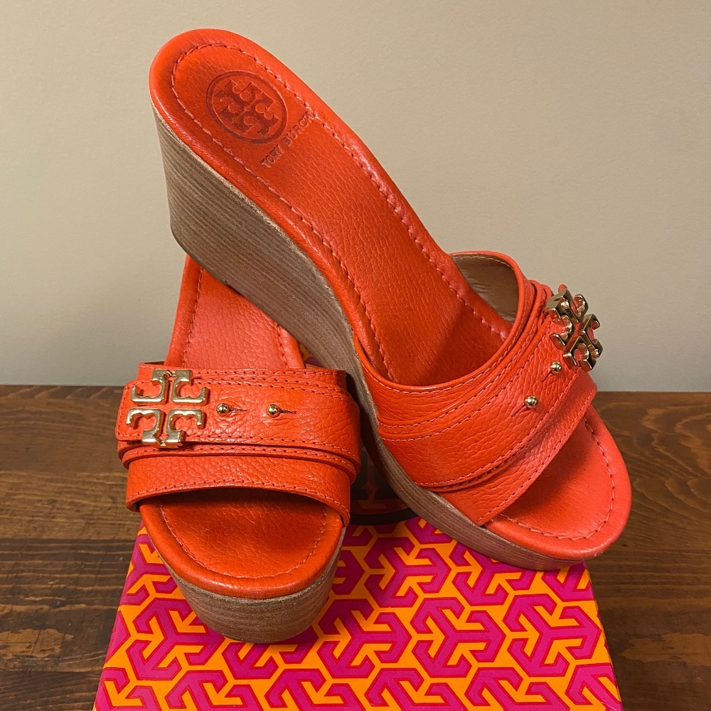 Tory Burch Orange Wedge Sandals with Logo Medallion
